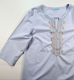 J McLaughlin Tunic Top Size Large Blue Check Embroidered Cotton Boho Classic